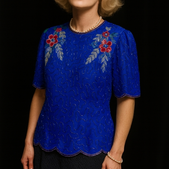 Vintage Lawrence Kazar Blue Sequin Beaded Top M – Silk Floral Embellished Blouse - Picture 1 of 13